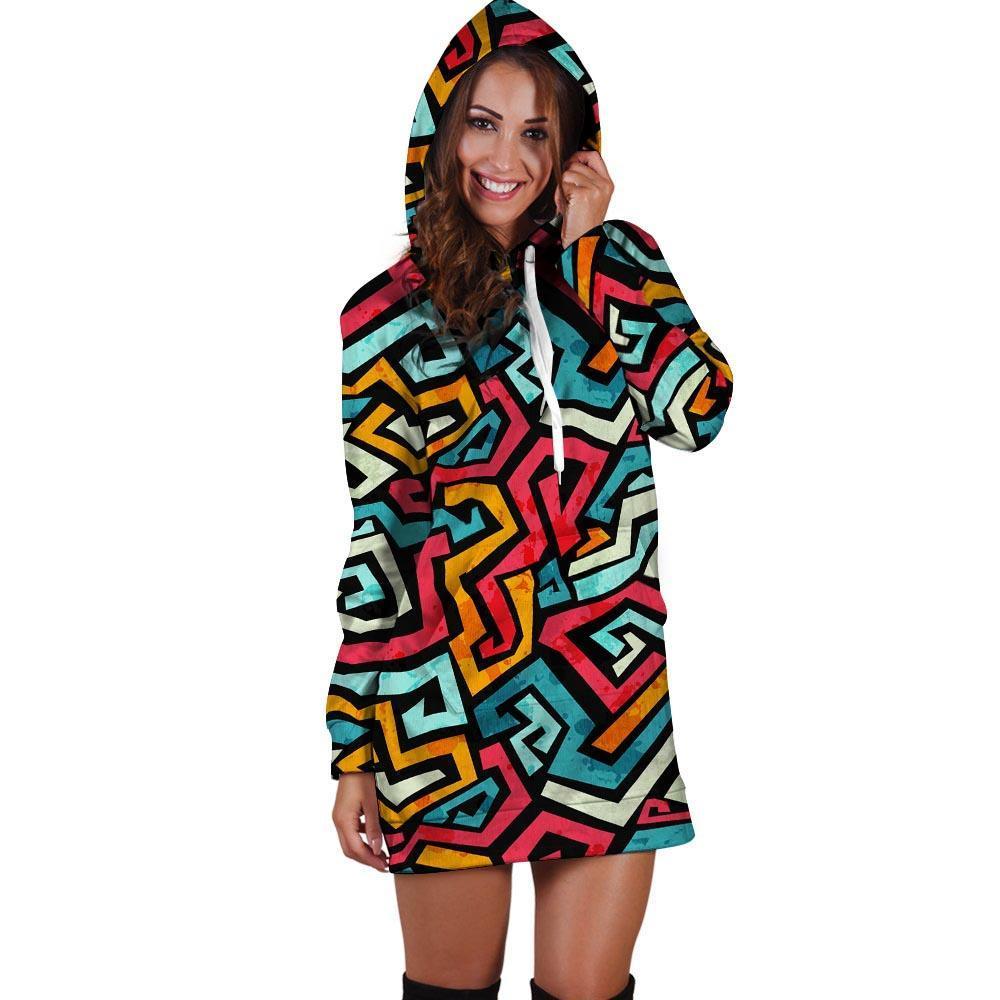 Geometric Graffiti Psychedelic Hoodie Dress-grizzshop