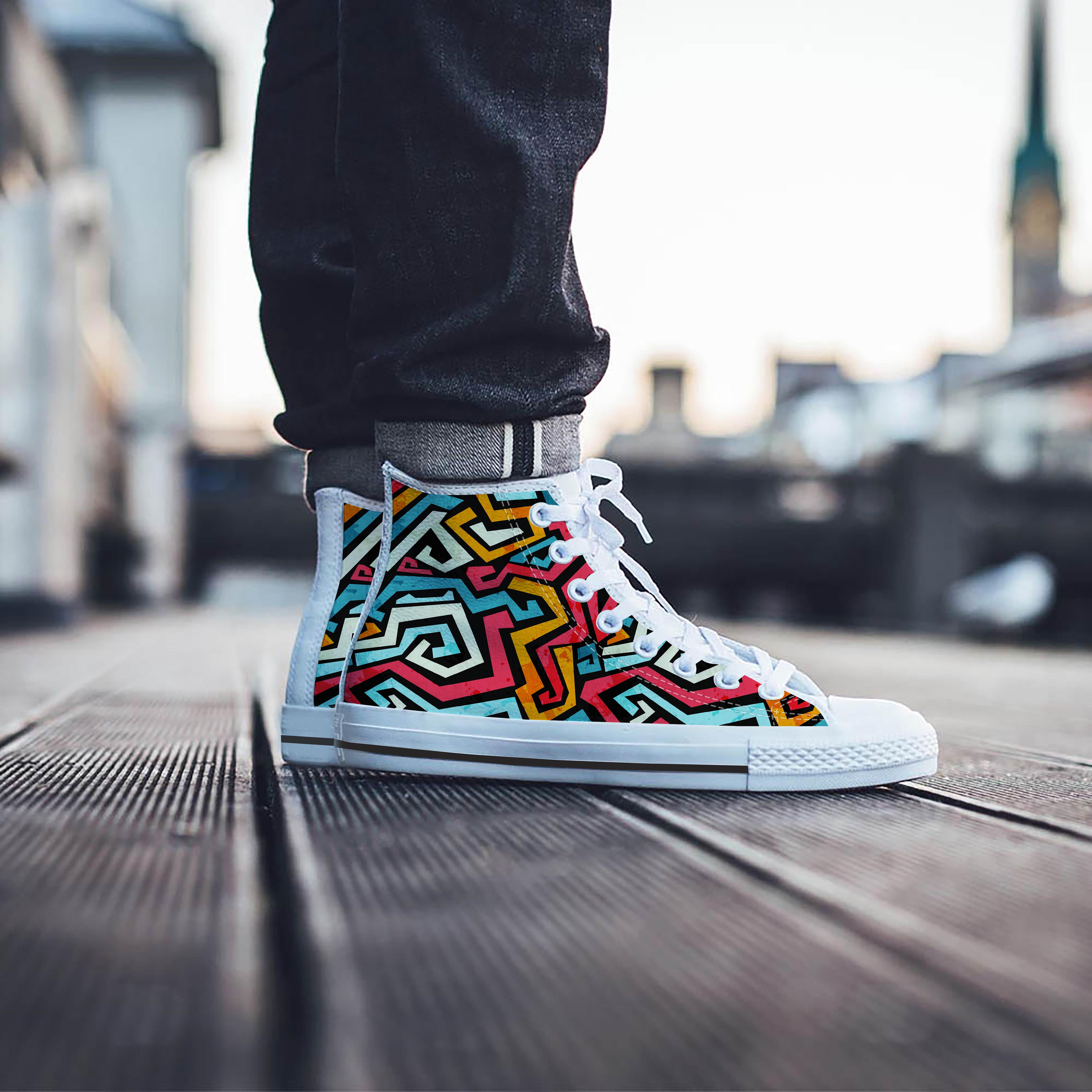 Geometric Graffiti Psychedelic Men's High Top Shoes-grizzshop