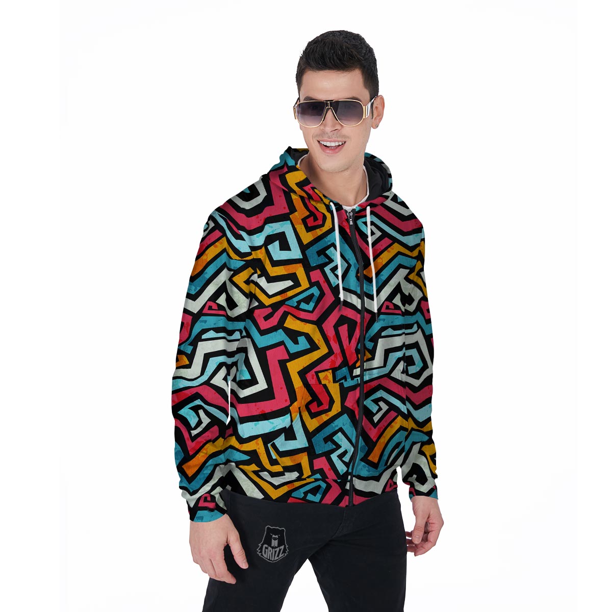 Geometric Graffiti Psychedelic Men's Zip Up Hoodie-grizzshop