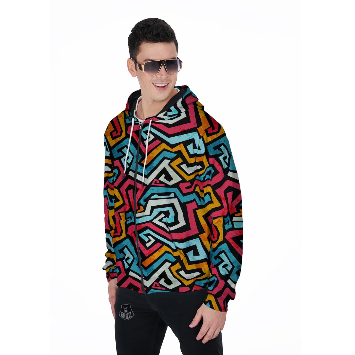 Geometric Graffiti Psychedelic Men's Zip Up Hoodie-grizzshop