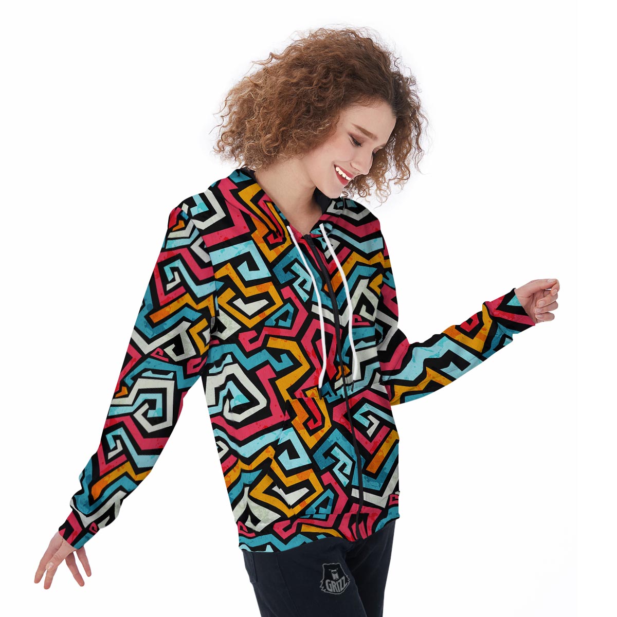 Geometric Graffiti Psychedelic Women's Zip Up Hoodie-grizzshop