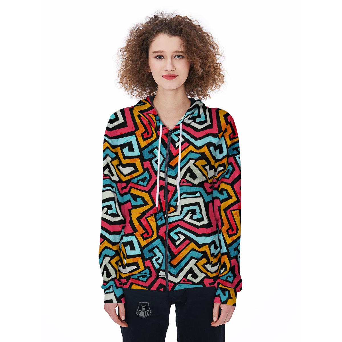 Geometric Graffiti Psychedelic Women's Zip Up Hoodie-grizzshop