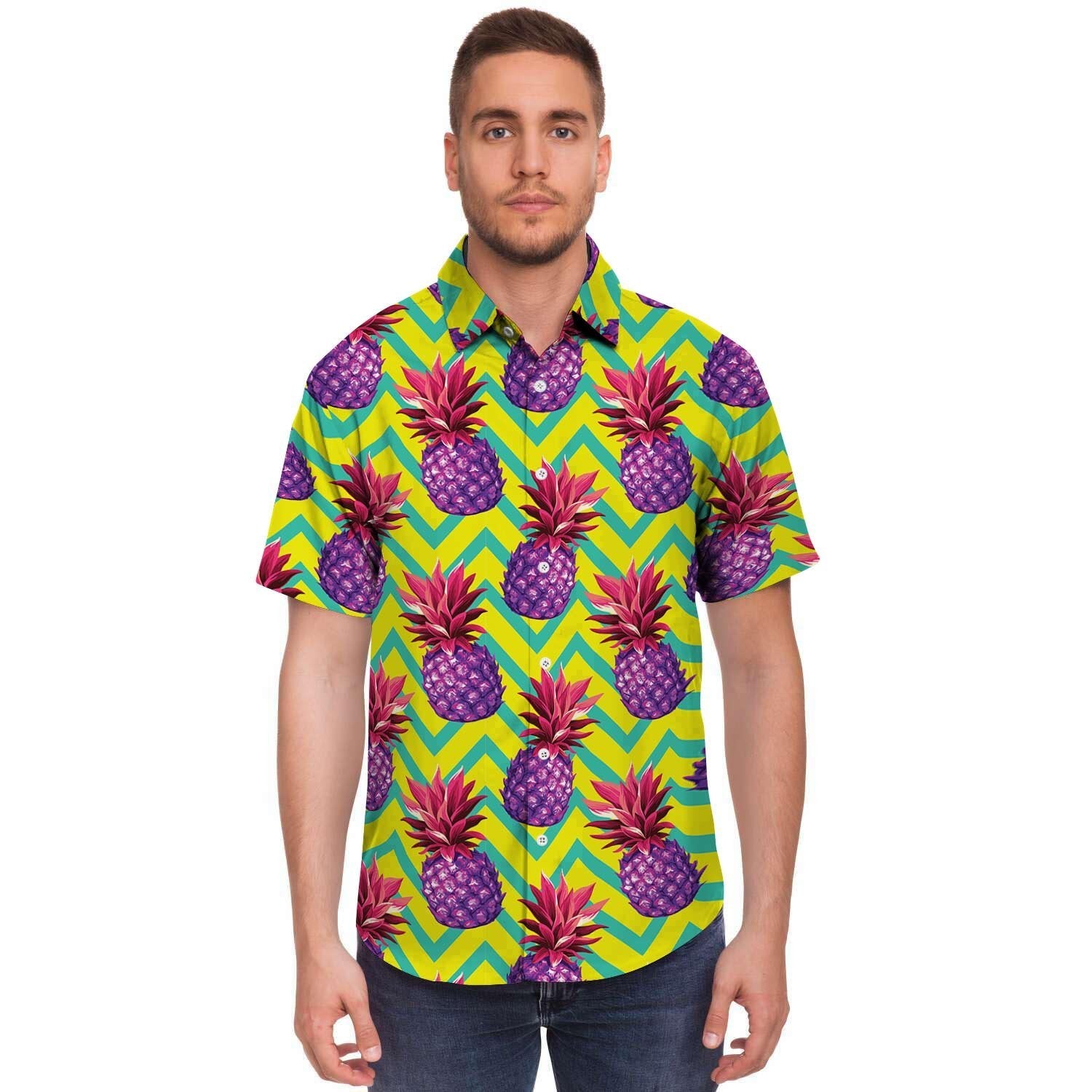 Geometric Hawaiian Pineapple Print Men's Short Sleeve Shirt-grizzshop