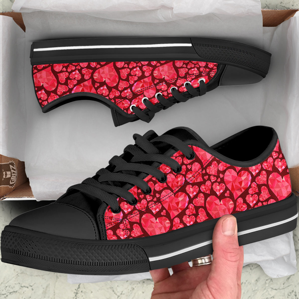 Geometric Heart Valentine's Day Print Pattern Black Low Top Shoes-grizzshop