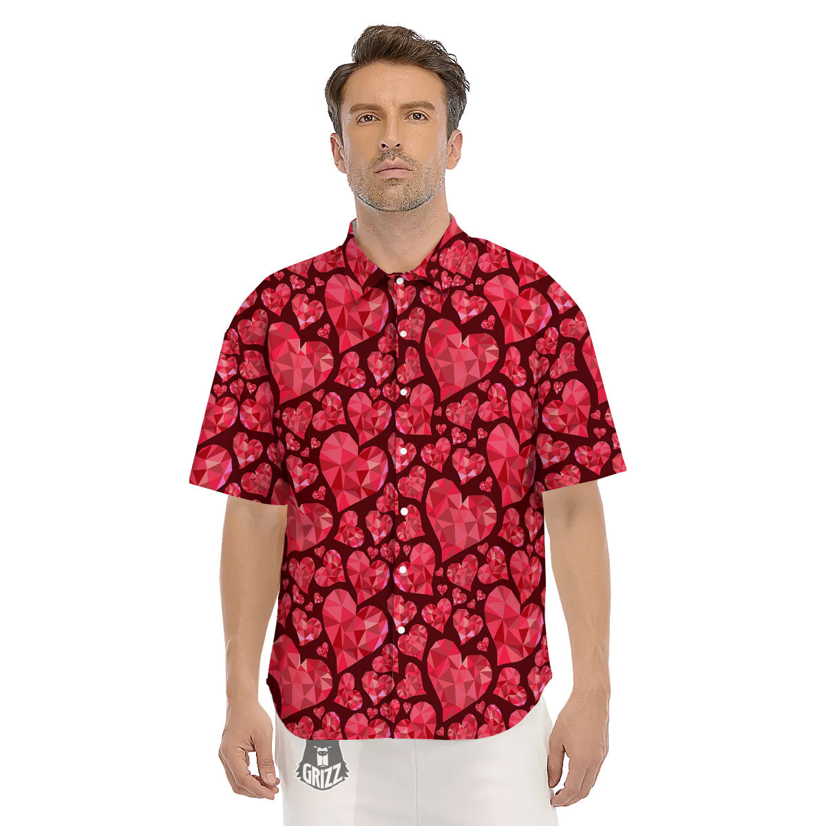 Geometric Heart Valentine's Day Print Pattern Men's Short Sleeve Shirts-grizzshop