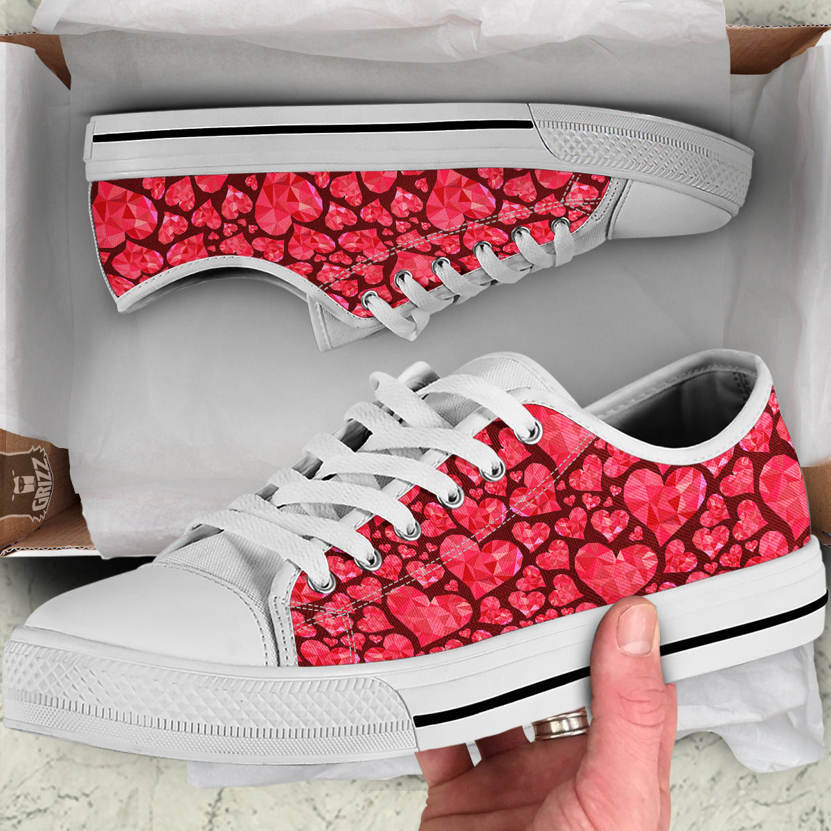 Geometric Heart Valentine's Day Print Pattern White Low Top Shoes-grizzshop