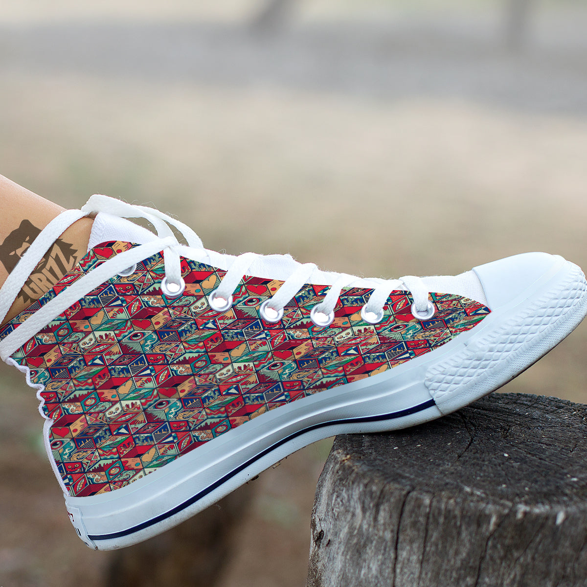 Geometric Hexagon Vintage Print Pattern White High Top Shoes-grizzshop