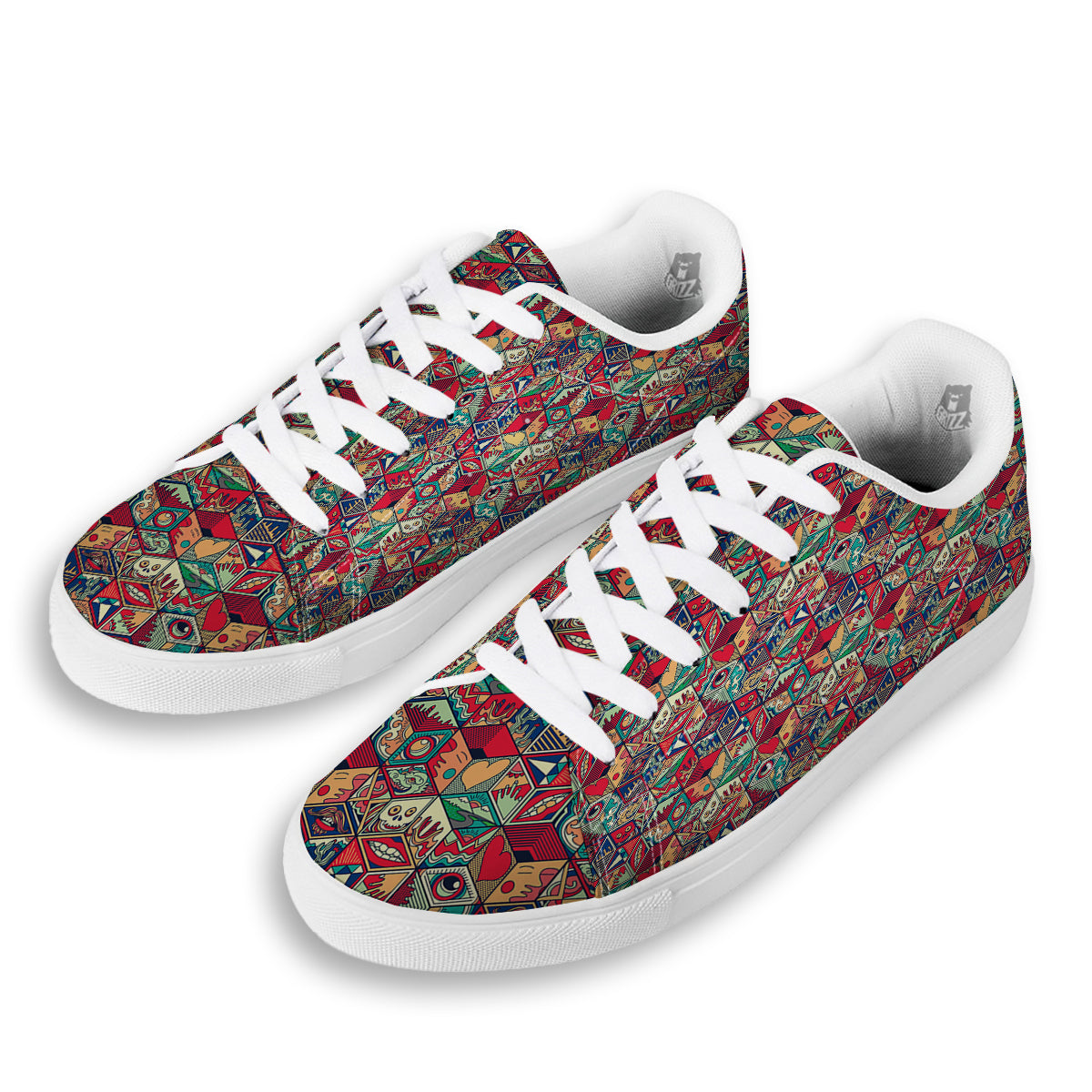 Geometric Hexagon Vintage Print Pattern White Low Top Sneakers-grizzshop