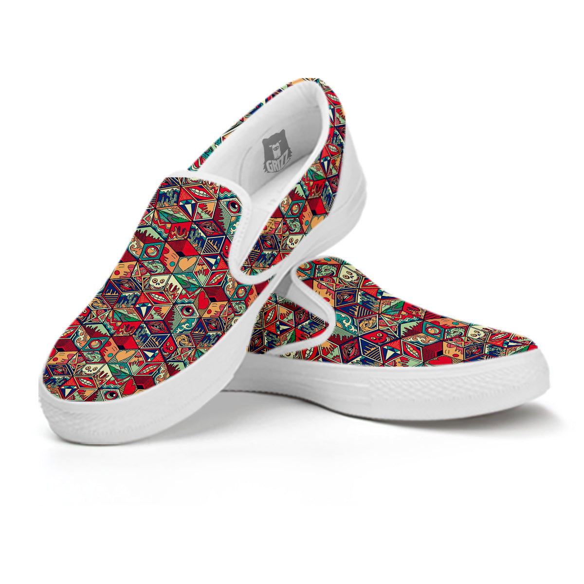 Geometric Hexagon Vintage Print Pattern White Slip On Shoes-grizzshop