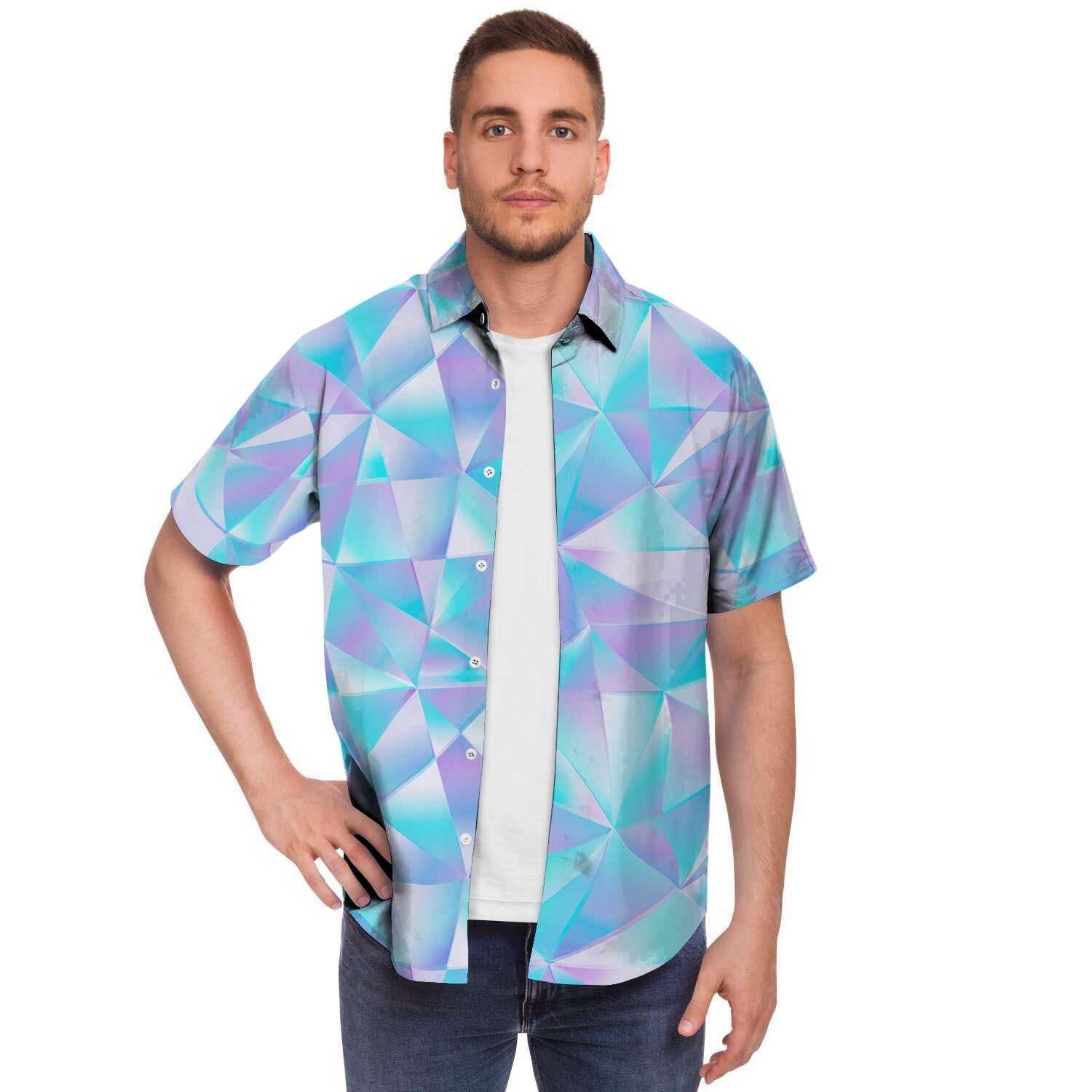 Geometric Holographic Men's Short Sleeve Shirt-grizzshop