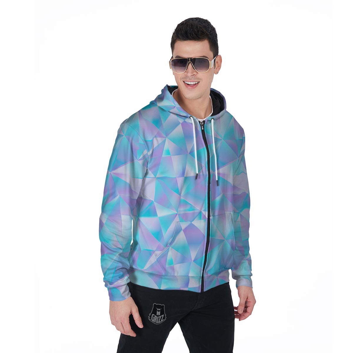 Geometric Holographic Men's Zip Up Hoodie-grizzshop