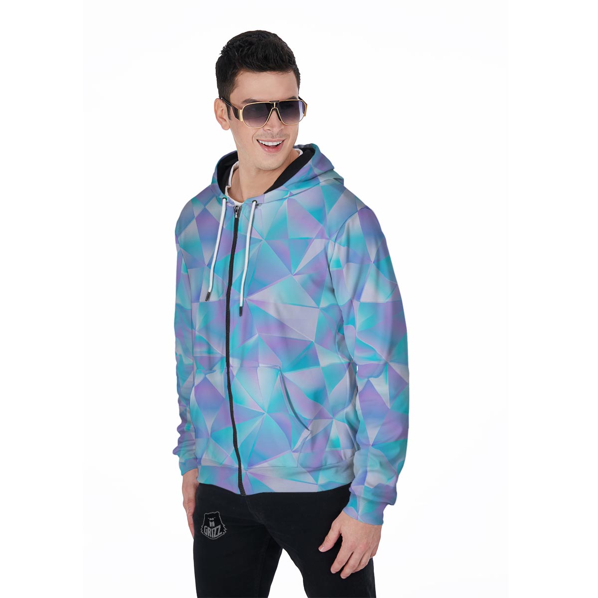 Geometric Holographic Men's Zip Up Hoodie-grizzshop