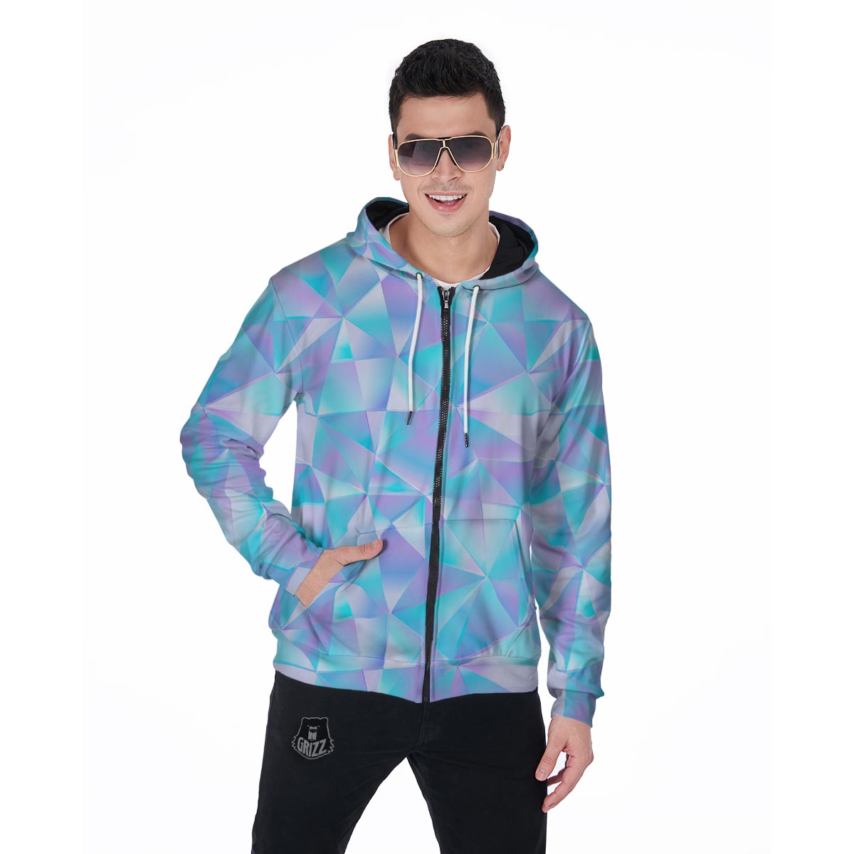 Geometric Holographic Men's Zip Up Hoodie-grizzshop