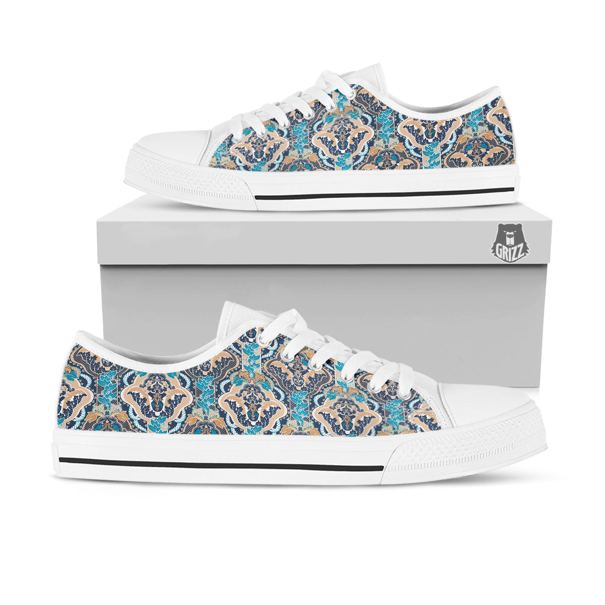Geometric Indian Ornamental Print Pattern White Low Top Shoes-grizzshop