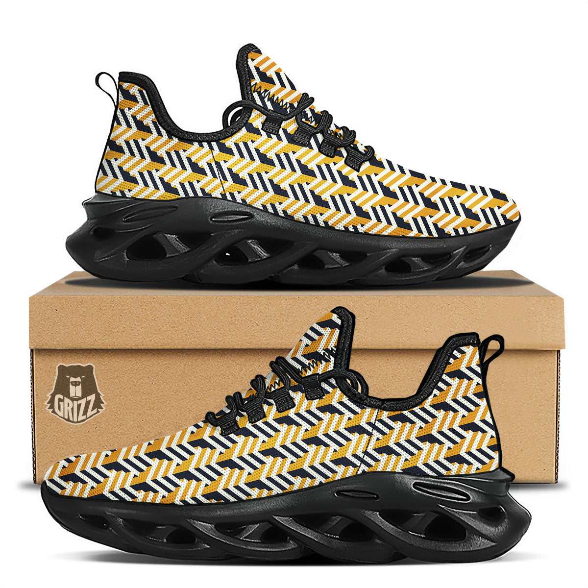 Geometric Isometric Print Pattern Black Running Shoes-grizzshop