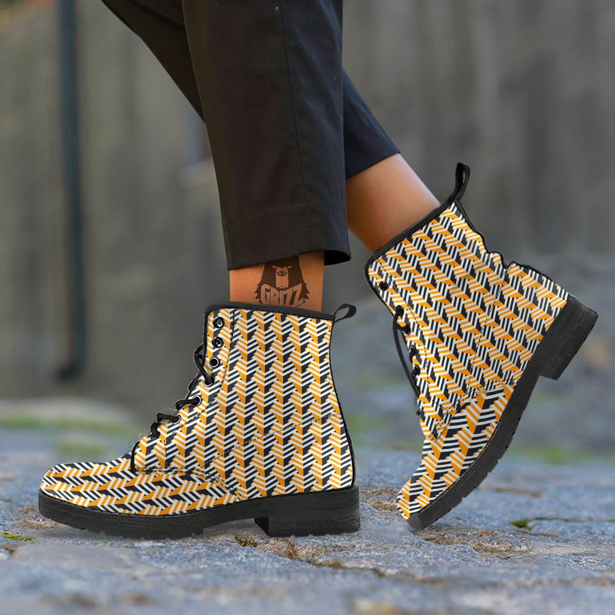 Geometric Isometric Print Pattern Leather Boots-grizzshop