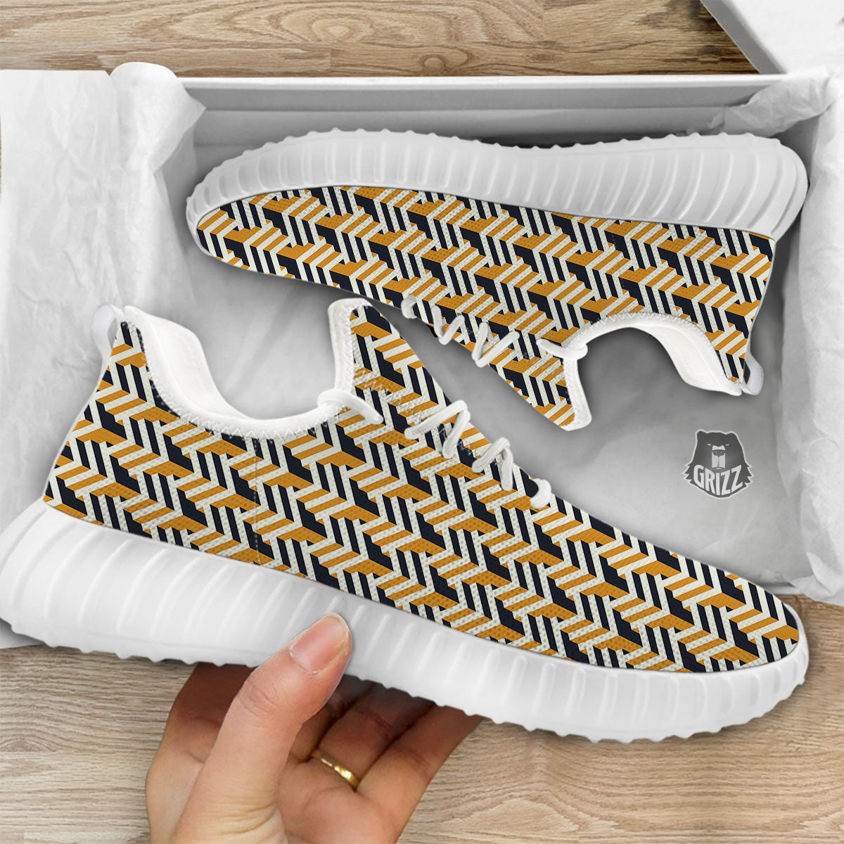 Geometric Isometric Print Pattern White Walking Shoes-grizzshop