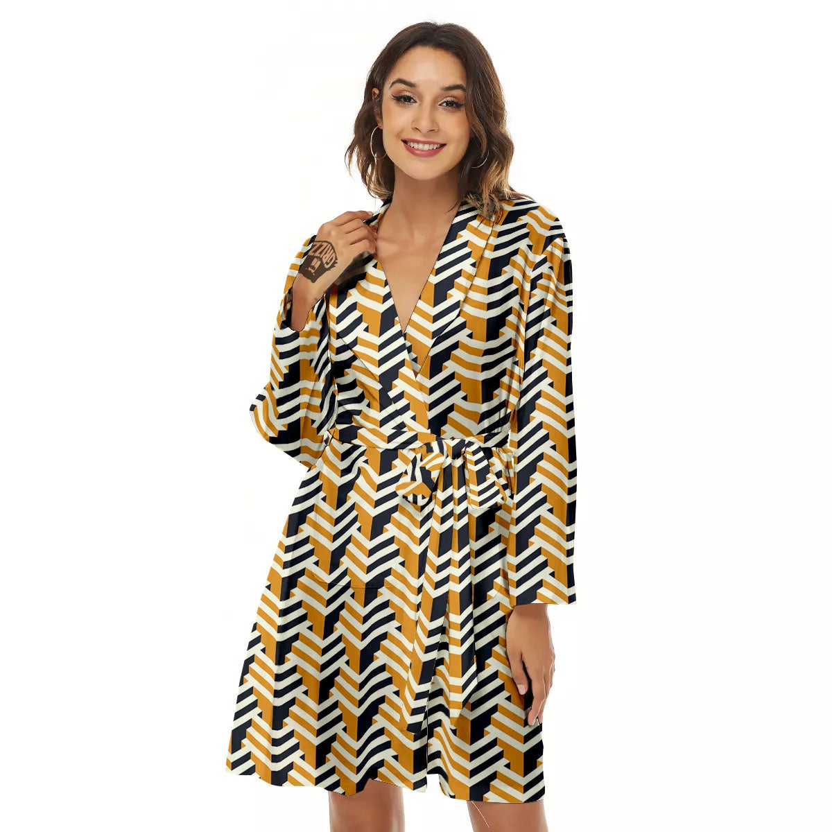 Geometric Isometric Print Pattern Women's Robe-grizzshop