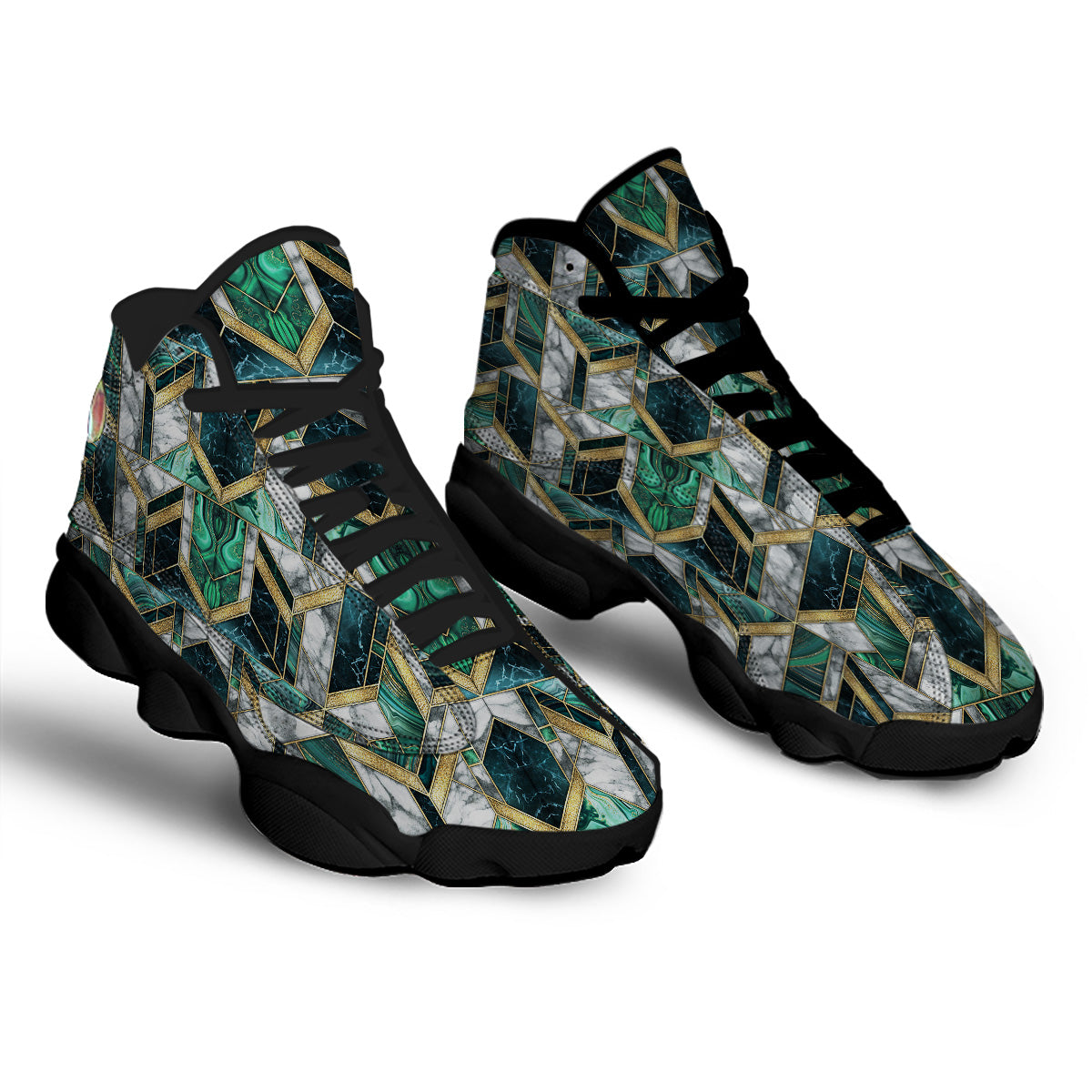 Geometric Marble Dark Green And Gold Print Pattern Black Basketball Shoes-grizzshop