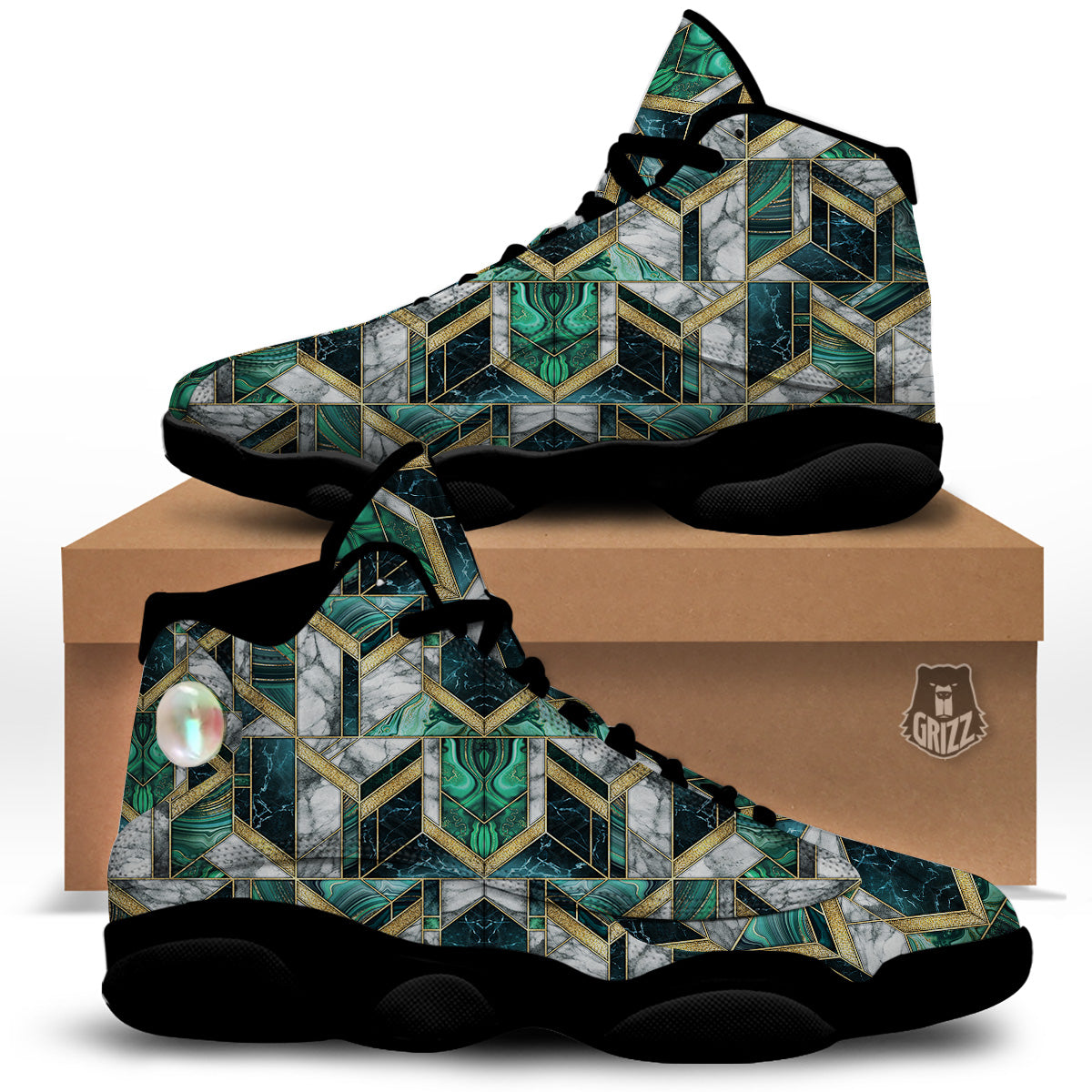 Geometric Marble Dark Green And Gold Print Pattern Black Basketball Shoes-grizzshop