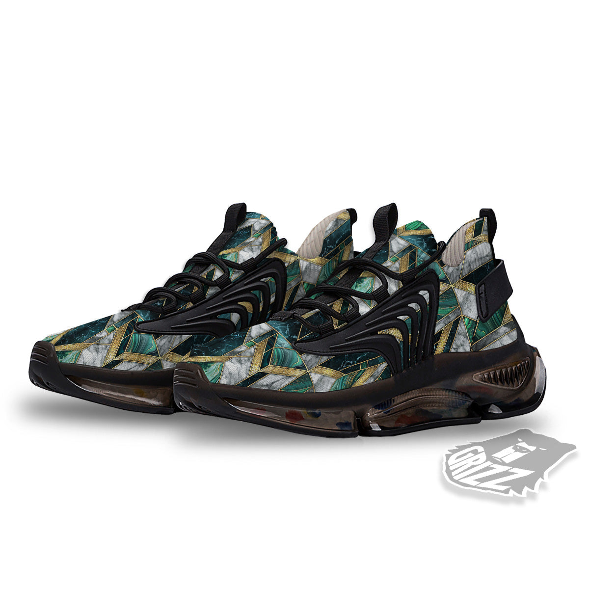 Geometric Marble Dark Green And Gold Print Pattern Black Gym Shoes-grizzshop