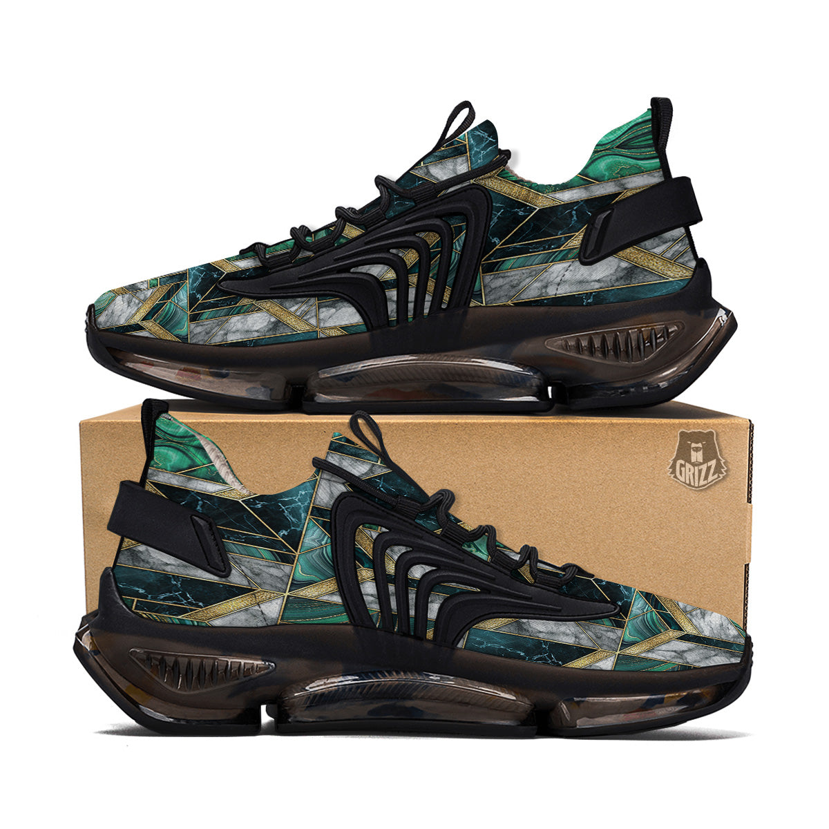Geometric Marble Dark Green And Gold Print Pattern Black Gym Shoes-grizzshop