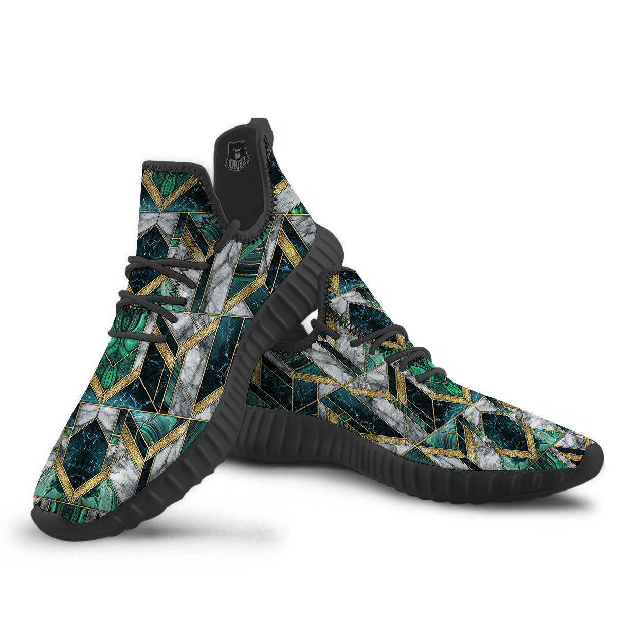 Geometric Marble Dark Green And Gold Print Pattern Black Walking Shoes-grizzshop