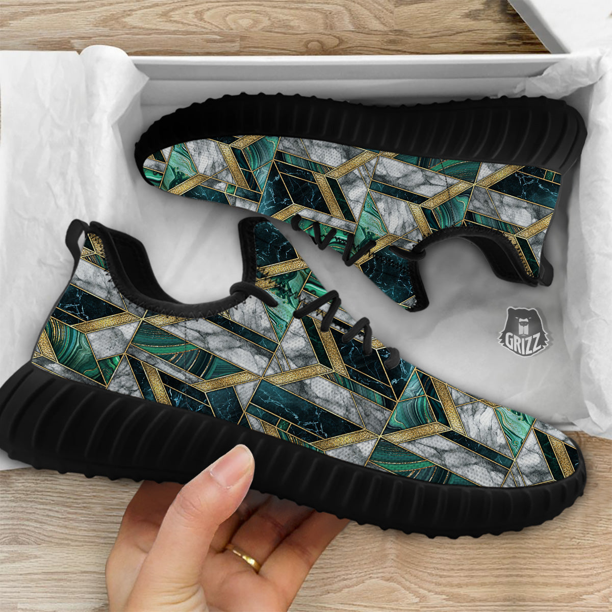 Geometric Marble Dark Green And Gold Print Pattern Black Walking Shoes-grizzshop