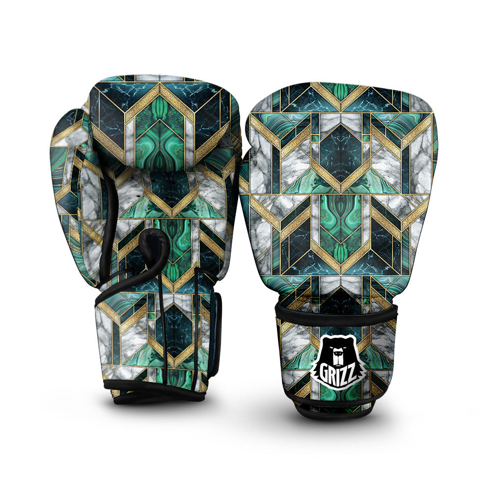 Geometric Marble Dark Green And Gold Print Pattern Boxing Gloves-grizzshop