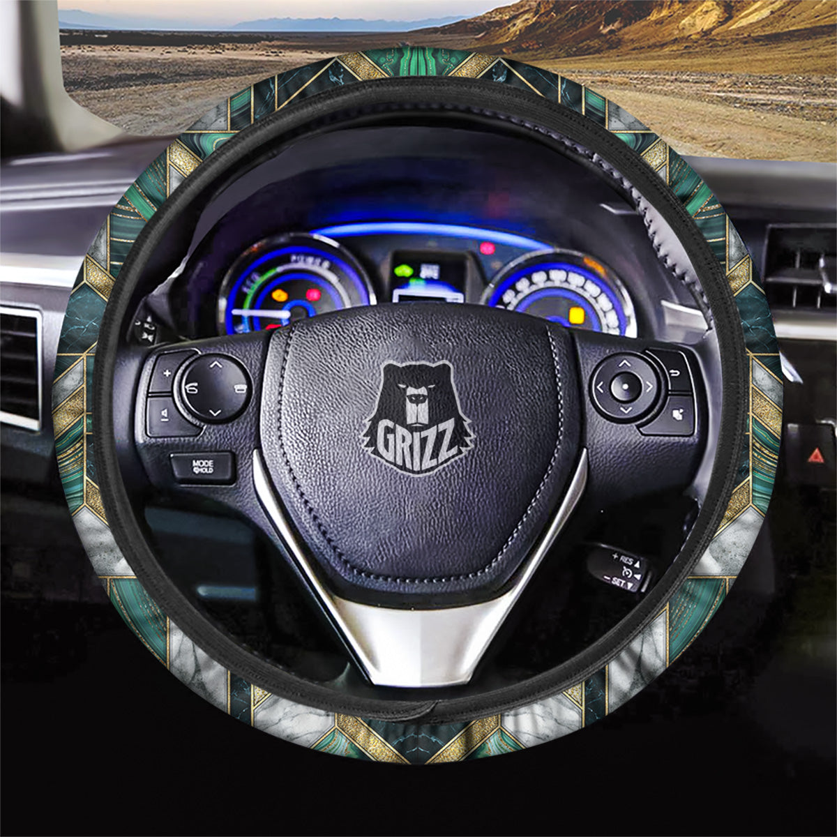 Geometric Marble Dark Green And Gold Print Pattern Car Steering Wheel Cover-grizzshop