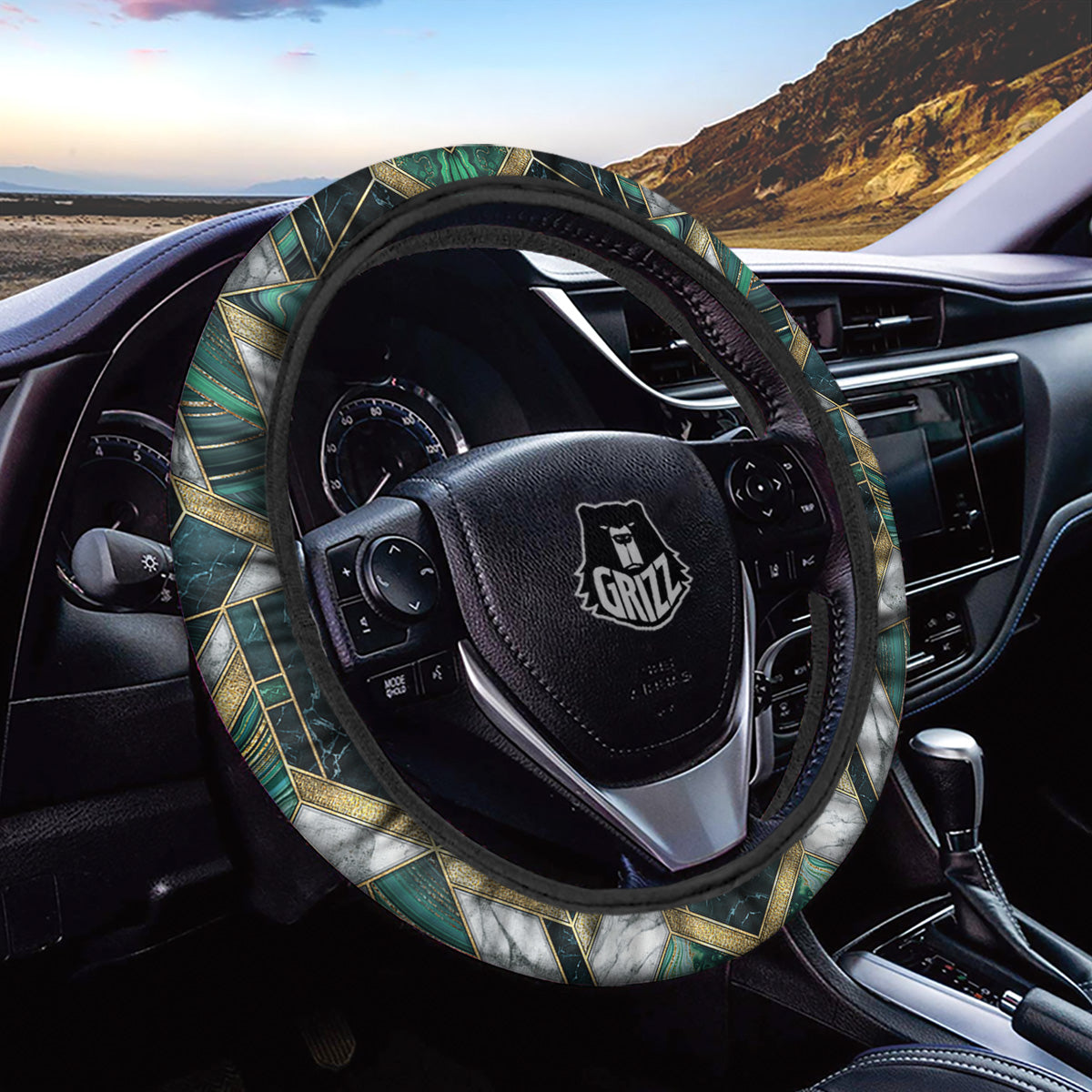 Geometric Marble Dark Green And Gold Print Pattern Car Steering Wheel Cover-grizzshop