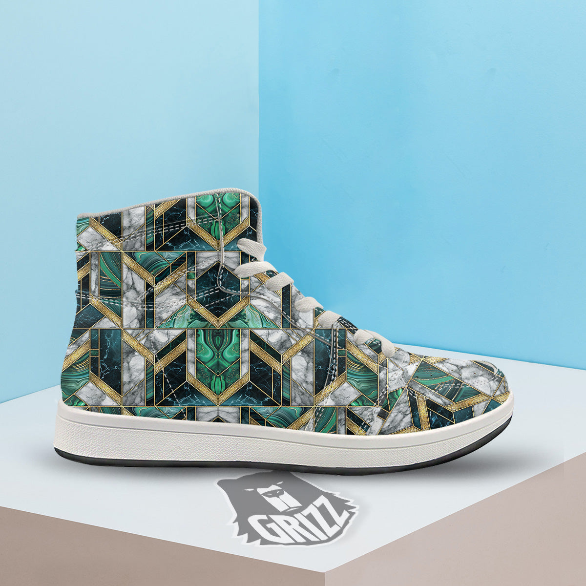Geometric Marble Dark Green And Gold Print Pattern High Top Sneakers-grizzshop