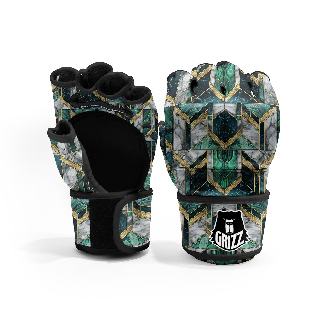 Geometric Marble Dark Green And Gold Print Pattern MMA Gloves-grizzshop