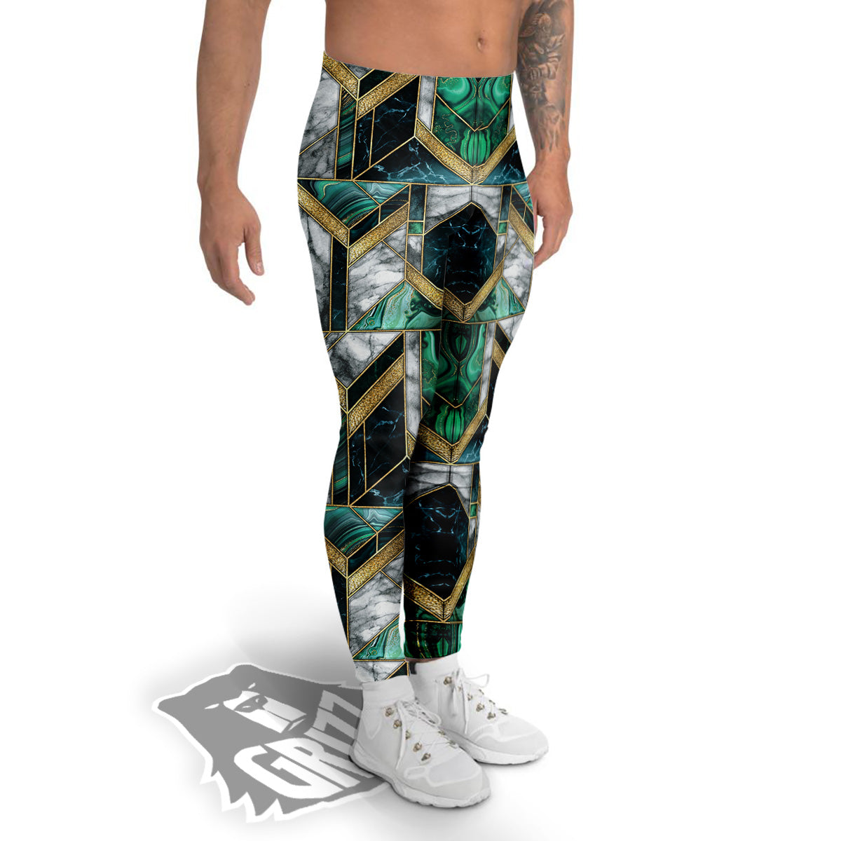 Geometric Marble Dark Green And Gold Print Pattern Men's Leggings-grizzshop