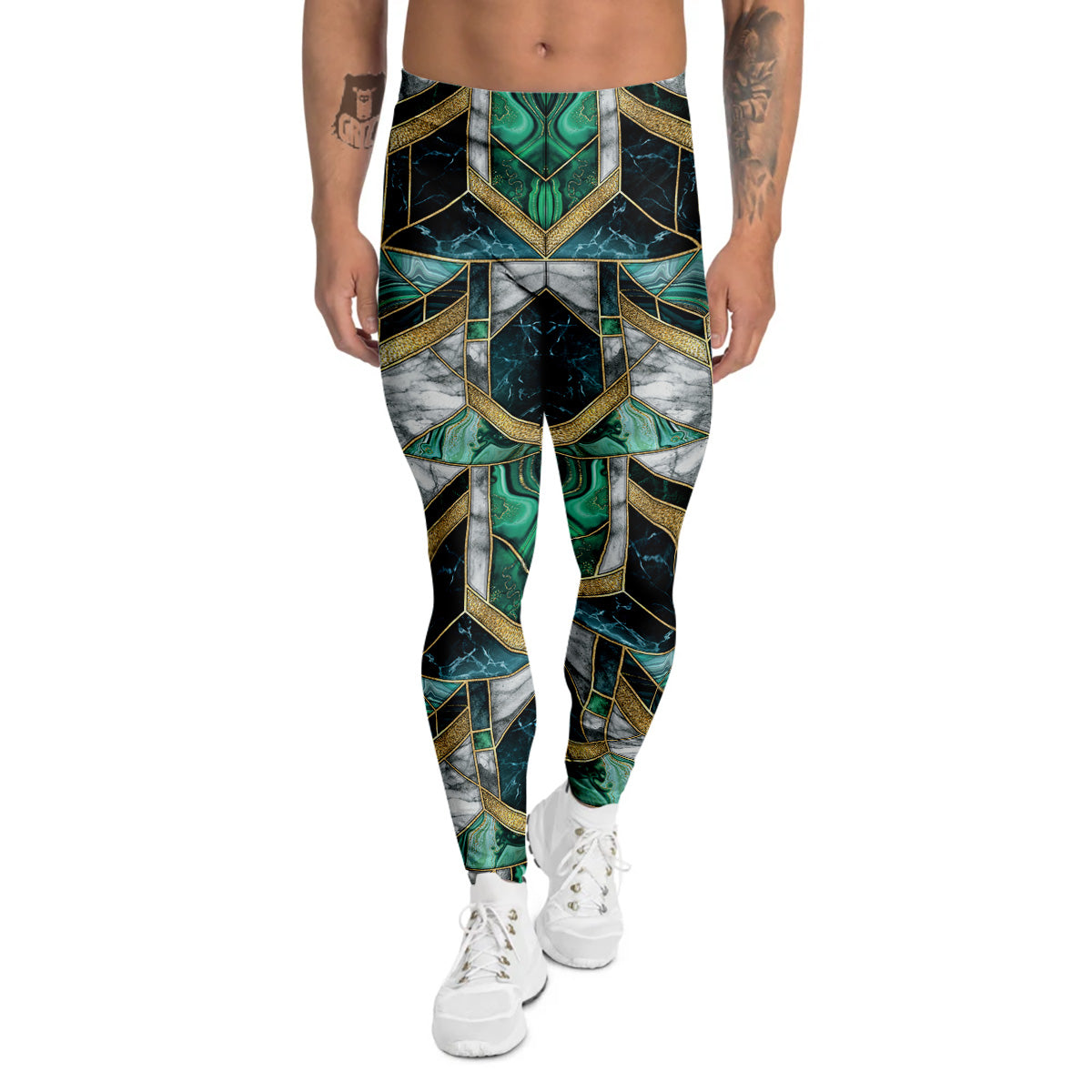 Geometric Marble Dark Green And Gold Print Pattern Men's Leggings-grizzshop