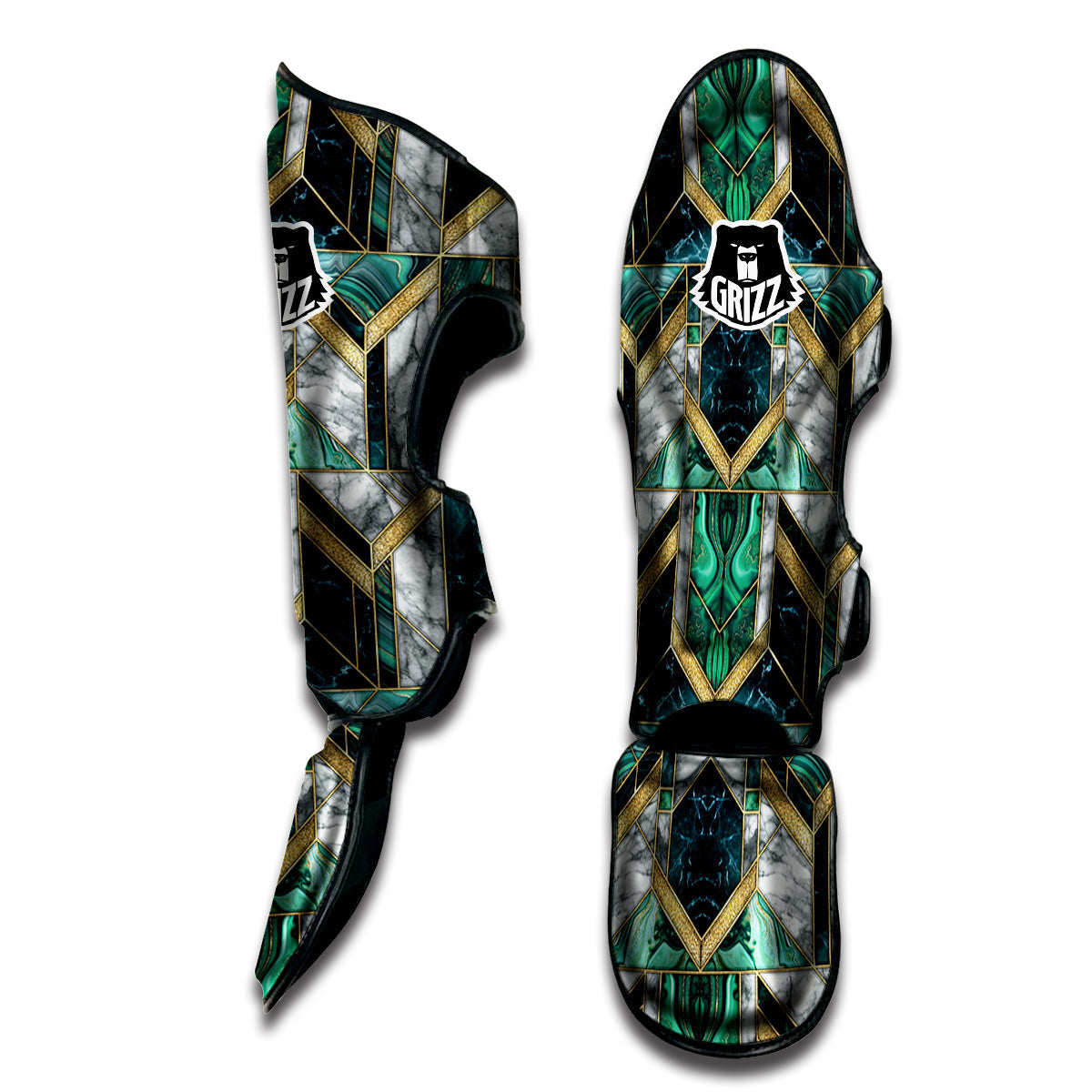Geometric Marble Dark Green And Gold Print Pattern Muay Thai Shin Guards-grizzshop