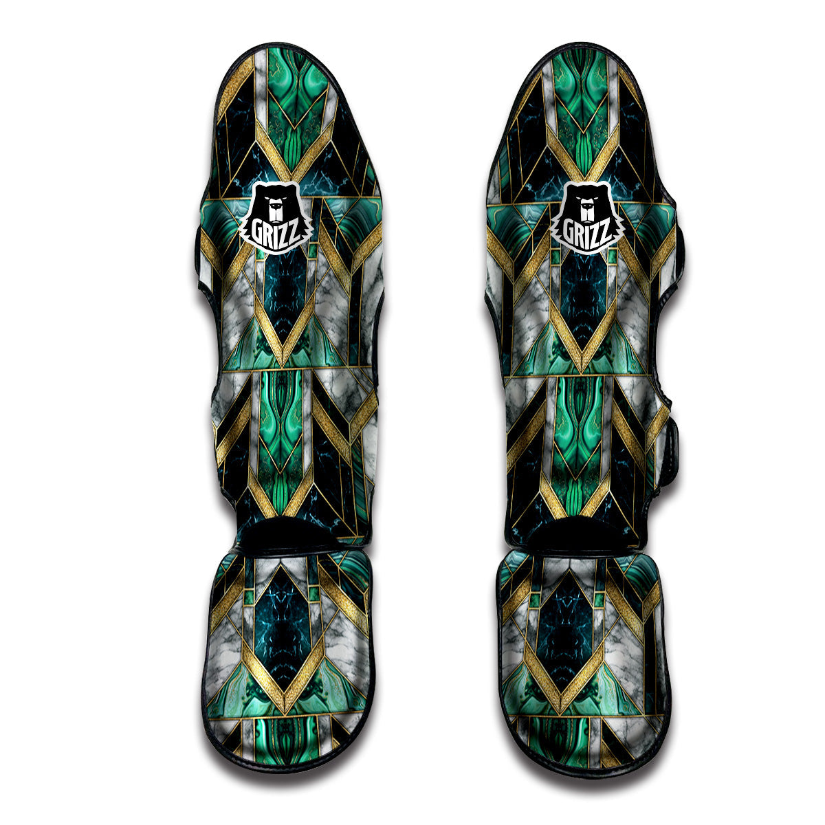 Geometric Marble Dark Green And Gold Print Pattern Muay Thai Shin Guards-grizzshop