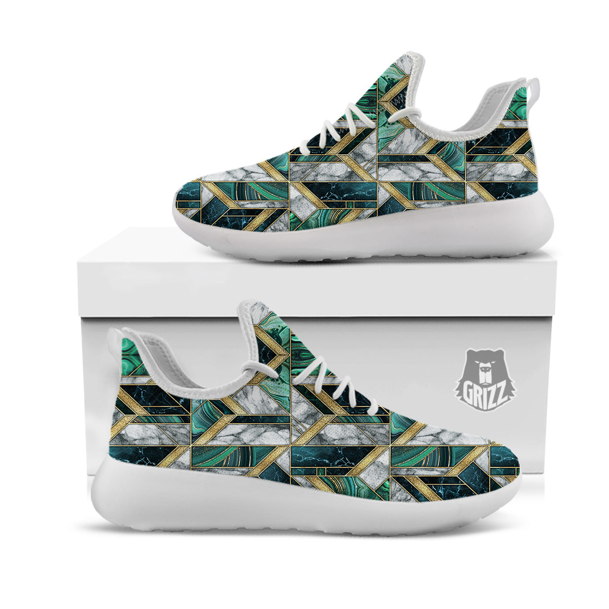 Geometric Marble Dark Green And Gold Print Pattern White Athletic Shoes-grizzshop