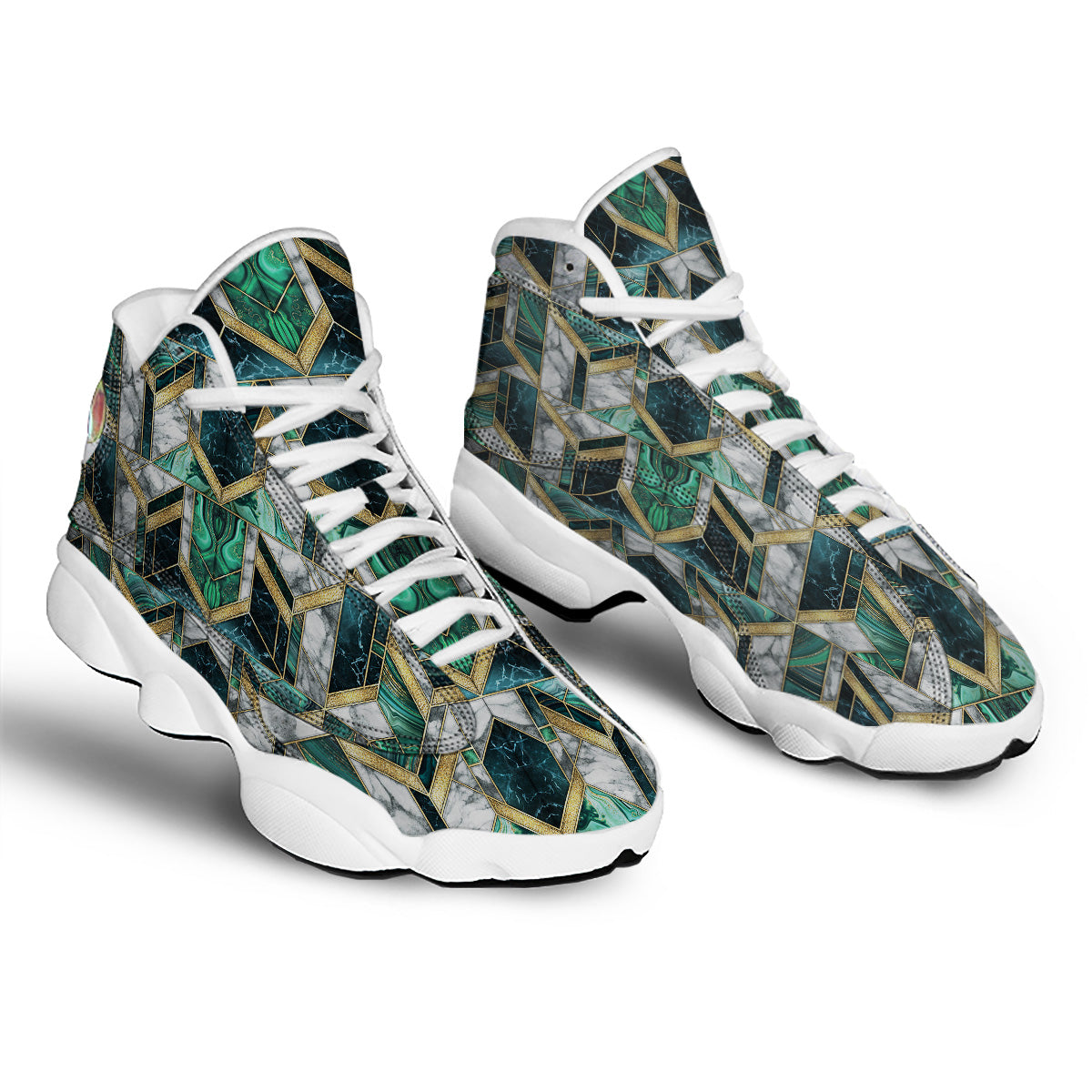Geometric Marble Dark Green And Gold Print Pattern White Basketball Shoes-grizzshop