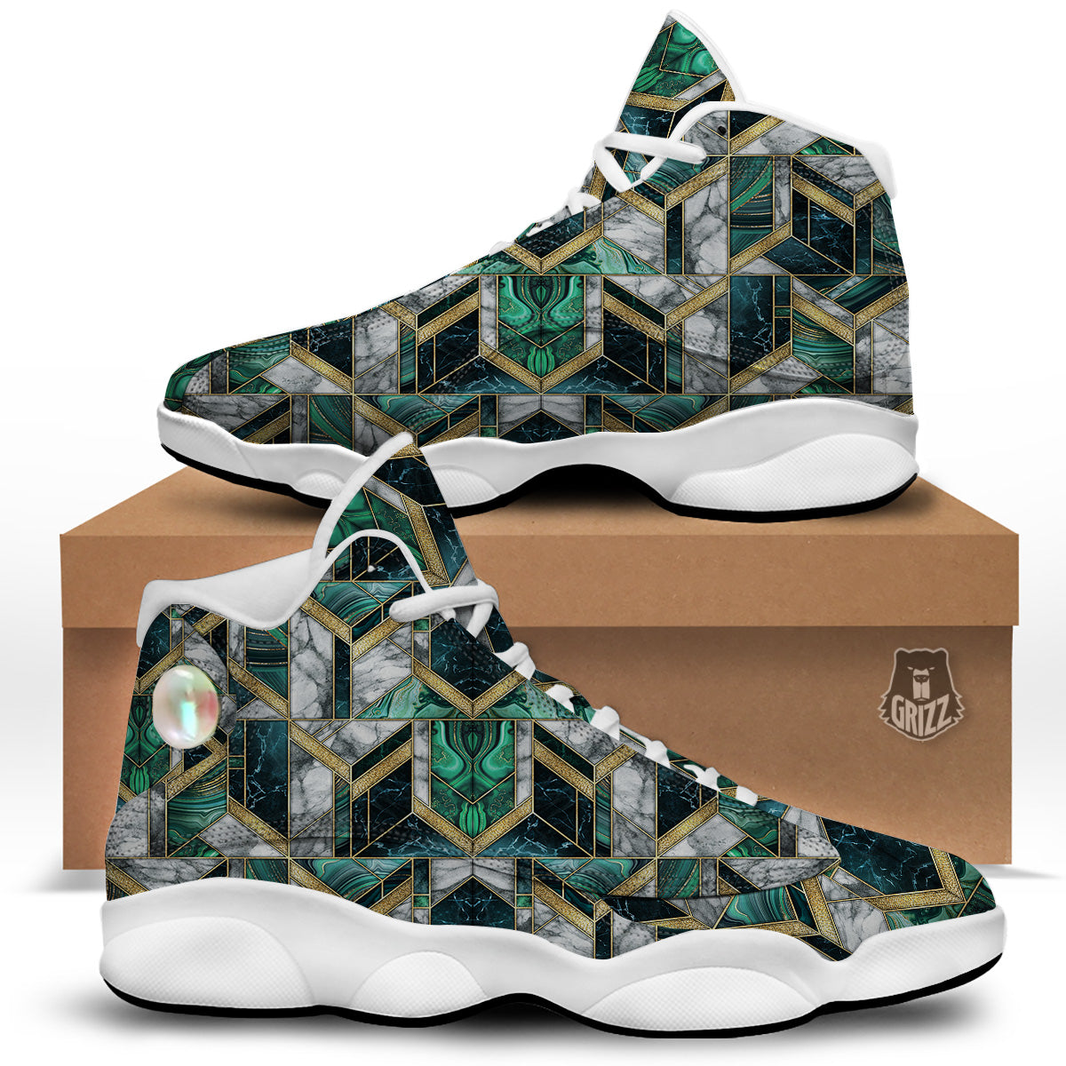 Geometric Marble Dark Green And Gold Print Pattern White Basketball Shoes-grizzshop