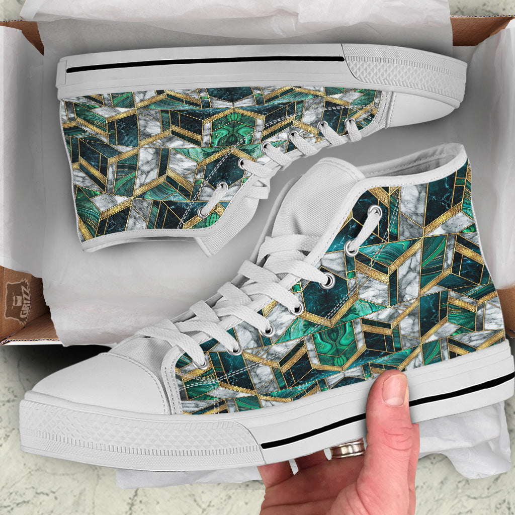 Geometric Marble Dark Green And Gold Print Pattern White High Top Shoes-grizzshop
