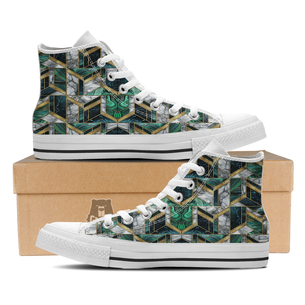 Geometric Marble Dark Green And Gold Print Pattern White High Top Shoes-grizzshop
