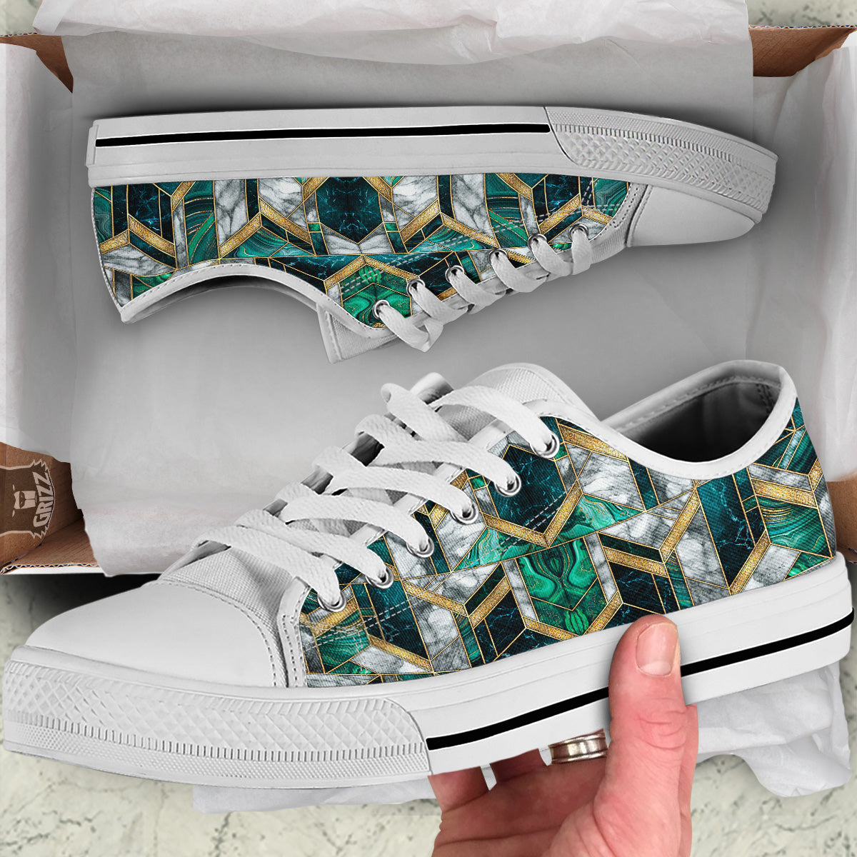 Geometric Marble Dark Green And Gold Print Pattern White Low Top Shoes-grizzshop