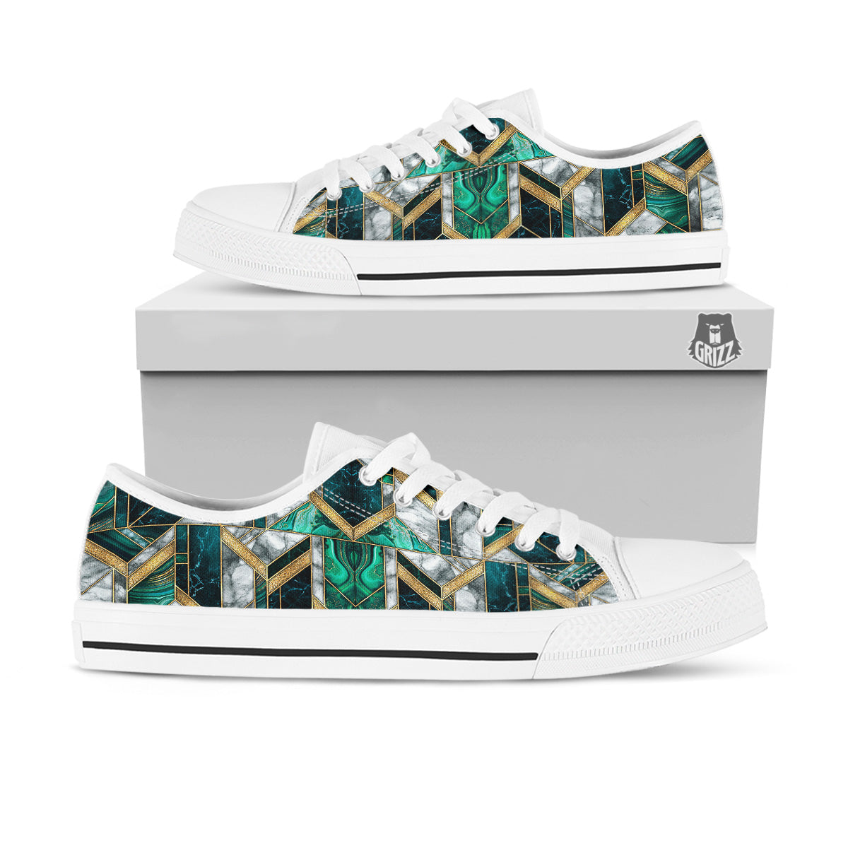 Geometric Marble Dark Green And Gold Print Pattern White Low Top Shoes-grizzshop