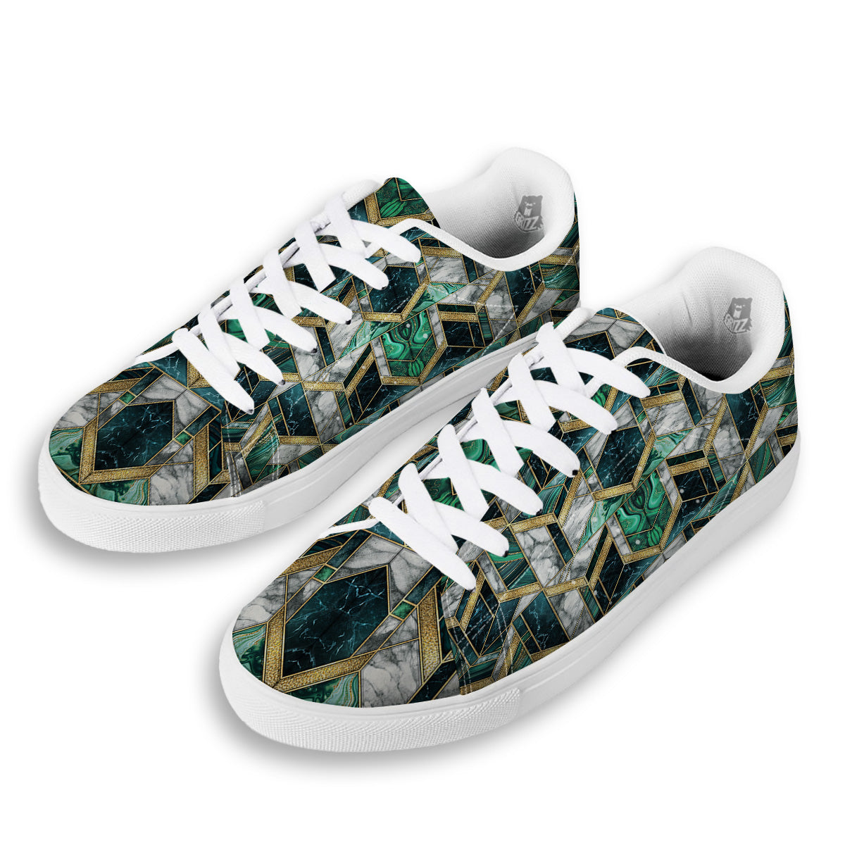 Geometric Marble Dark Green And Gold Print Pattern White Low Top Sneakers-grizzshop