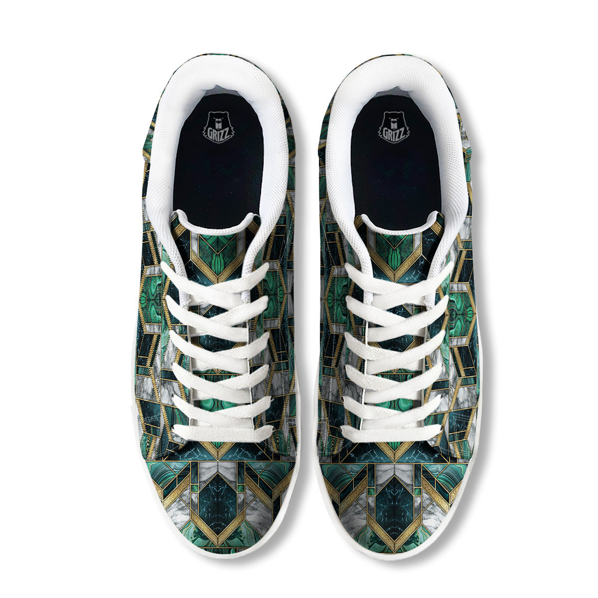 Geometric Marble Dark Green And Gold Print Pattern White Low Top Sneakers-grizzshop