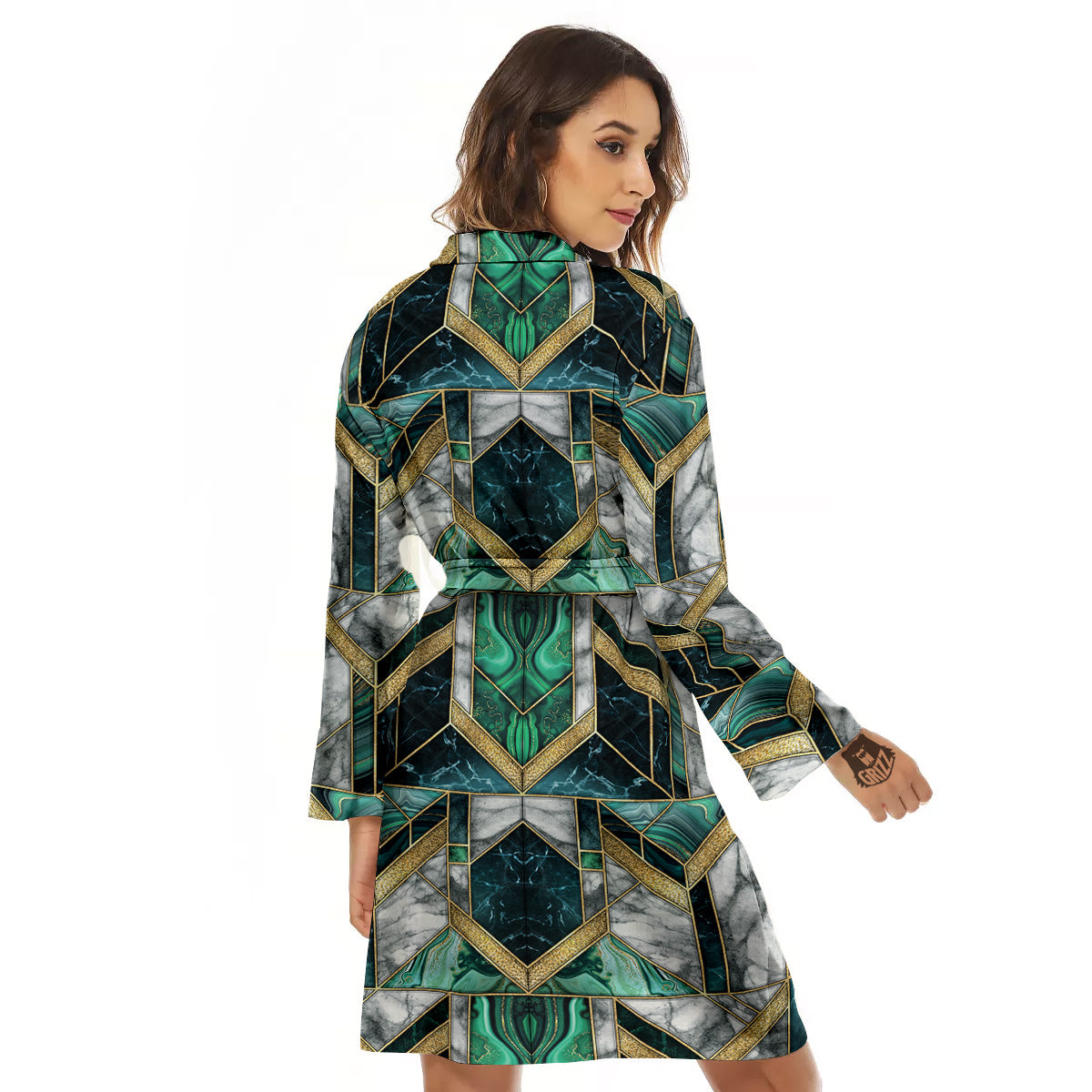Geometric Marble Dark Green And Gold Print Pattern Women's Robe-grizzshop