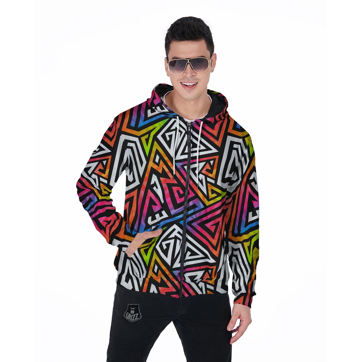 Geometric Men's Zip Up Hoodie-grizzshop