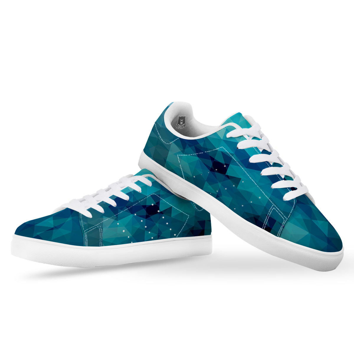 Geometric Mosaic Blue Print White Low Top Sneakers-grizzshop