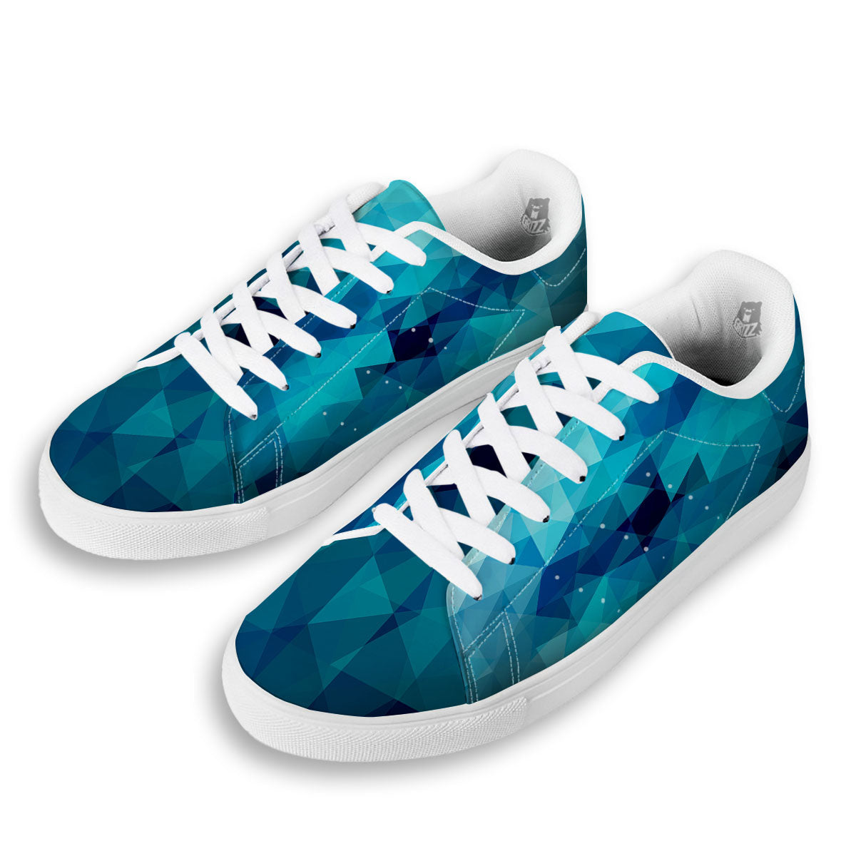 Geometric Mosaic Blue Print White Low Top Sneakers-grizzshop